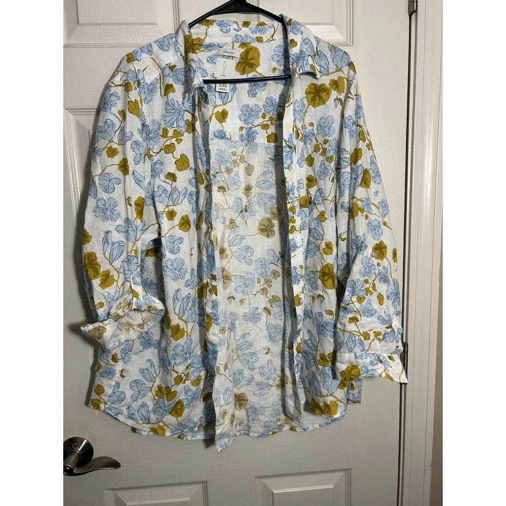 Joie 100% Linen Blue & Mustard Floral Roll Tab Button Down Shirt 2X